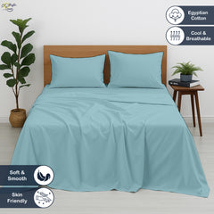 Premium 100% Cotton 4-Piece Bed Sheet Set | 400 TC | Flat Sheet, Elastic Fitted Sheet & 2 Pillow Covers | 10-Inch Deep Pocket (Light Blue)