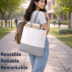 Premium Quality 100% Cotton Tote Bag 13 x 15 Inch – Reusable Eco-Friendly Canvas Shopping, Travel & Daily Carry Bag (Light Grey/White)