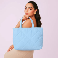 Light Blue Microfiber Quilted Tote Bag 13 x 15 Inch – Lightweight, Durable Shoulder Bag for Shopping, Travel & Daily Use