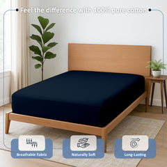 Premium 100% Cotton Fitted Bedsheet | Soft & Cooling Hotel-Quality Sheet | 10-Inch Deep Pocket, All-Round Elastic (Navy Blue)