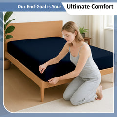 Premium 100% Cotton Fitted Bedsheet | Soft & Cooling Hotel-Quality Sheet | 10-Inch Deep Pocket, All-Round Elastic (Navy Blue)
