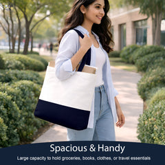 Premium Quality 100% Cotton Tote Bag 13 x 15 Inch – Reusable Eco-Friendly Canvas Shopping, Travel & Daily Carry Bag (Navy Blue/White)