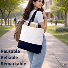Premium Quality 100% Cotton Tote Bag 13 x 15 Inch – Reusable Eco-Friendly Canvas Shopping, Travel & Daily Carry Bag (Navy Blue/White)