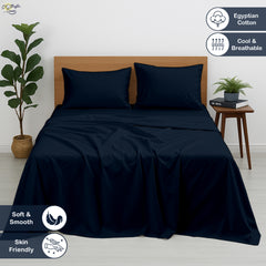 Premium 100% Cotton 4-Piece Bed Sheet Set | 400 TC | Flat Sheet, Elastic Fitted Sheet & 2 Pillow Covers | 10-Inch Deep Pocket (Navy Blue)