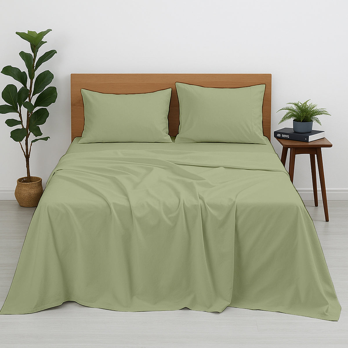 Premium 100% Cotton 4-Piece Bed Sheet Set | 400 TC | Flat Sheet, Elastic Fitted Sheet & 2 Pillow Covers | 10-Inch Deep Pocket (Sage)