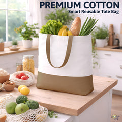 Premium Quality 100% Cotton Tote Bag 13 x 15 Inch – Reusable Eco-Friendly Canvas Shopping, Travel & Daily Carry Bag (Taupe/White)