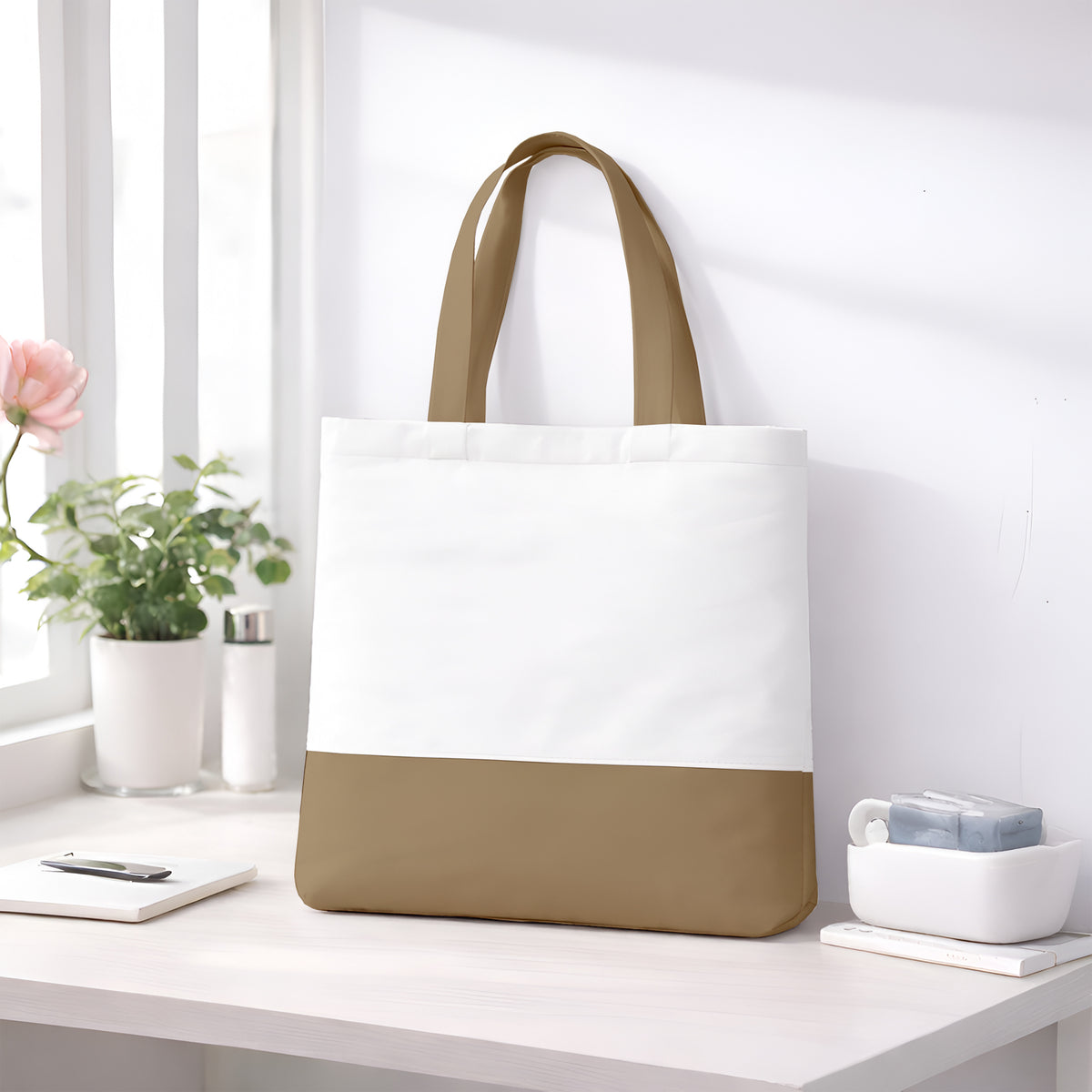 Premium Quality 100% Cotton Tote Bag 13 x 15 Inch – Reusable Eco-Friendly Canvas Shopping, Travel & Daily Carry Bag (Taupe/White)