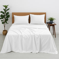 Premium 100% Cotton 4-Piece Bed Sheet Set | 400 TC | Flat Sheet, Elastic Fitted Sheet & 2 Pillow Covers | 10-Inch Deep Pocket (White)