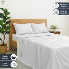 Premium 100% Cotton 4-Piece Bed Sheet Set | 400 TC | Flat Sheet, Elastic Fitted Sheet & 2 Pillow Covers | 10-Inch Deep Pocket (White)